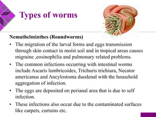 Types of worms
Nemathelminthes (Roundworms)
• The migration of the larval forms and eggs transmission
through skin contact in moist soil and in tropical areas causes
migraine ,eosinophilia and pulmonary related problems.
• The common infections occurring with intestinal worms
include Ascaris lumbricoides, Trichuris trichiura, Necator
americanus and Ancylostoma duodenal with the household
aggregation of infection.
• The eggs are deposited on perianal area that is due to self
infection.
• These infections also occur due to the contaminated surfaces
like carpets, curtains etc.
7
 