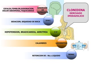 SINDROME
DE
SUPRESION
CEFALEA,TEMBLOR,SUDORACION,
DOLOR ABDOMINAL,TAQUICARDIA
S.N.C.
SEDACION, SEQUEDAD DE BOCA
C.VHIPOTENSION, BRADICARDIA, ARRITMIA
LOCOMOTORCALAMBRES
CLONIDINA
DERIVADO
IMIDAZOLICO
RENAL
RETENCION DE : Na y LIQUIDO
 