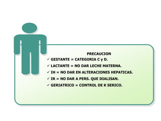 PRECAUCION
 GESTANTE = CATEGORIA C y D.
 LACTANTE = NO DAR LECHE MATERNA.
 IH = NO DAR EN ALTERACIONES HEPATICAS.
 IR = NO DAR A PERS. QUE DIALISAN.
 GERIATRICO = CONTROL DE K SERICO.
 