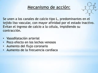 Mecanismo de acción:
Se unen a los canales de calcio tipo L, predominantes en el
tejido liso vascular, con mayor afinidad por el estado inactivo.
Evitan el ingreso de calcio a la célula, impidiendo su
contracción.
• Vasodilatación arterial
• Poco efecto en los lechos venosos
• Aumento del flujo coronario
• Aumento de la frecuencia cardíaca
 