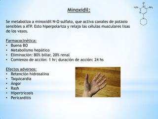 Minoxidil:
Se metaboliza a minoxidil N-O sulfato, que activa canales de potasio
sensibles a ATP. Esto hiperpolariza y relaja las células musculares lisas
de los vasos.
Farmacocinética:
• Buena BO
• Metabolismo hepático
• Eliminación: 80% biliar, 20% renal
• Comienzo de acción: 1 hr; duración de acción: 24 hs
Efectos adversos:
• Retención hidrosalina
• Taquicardia
• Ángor
• Rash
• Hipertricosis
• Pericarditis
 
