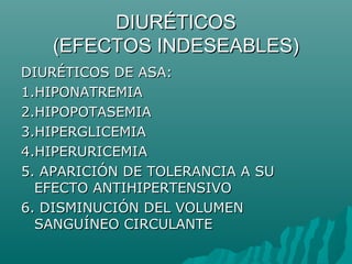 DIURÉTICOS
   (EFECTOS INDESEABLES)
DIURÉTICOS DE ASA:
1.HIPONATREMIA
2.HIPOPOTASEMIA
3.HIPERGLICEMIA
4.HIPERURICEMIA
5. APARICIÓN DE TOLERANCIA A SU
  EFECTO ANTIHIPERTENSIVO
6. DISMINUCIÓN DEL VOLUMEN
  SANGUÍNEO CIRCULANTE
 