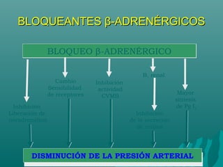BLOQUEANTES β-ADRENÉRGICOS

                BLOQUEO β-ADRENÉRGICO

                                                 Β1 renal
                   Cambio       Inhibición
                Sensibilidad     actividad
                de receptores                                   Mayor
                                  CVMB
                                                               síntesis
  Inhibición                                                   de Pg I2
Liberación de                                  Inhibición
noradrenalina                                de la secreción
                                                de renina




       DISMINUCIÓN DE LA PRESIÓN ARTERIAL
       DISMINUCIÓN DE LA PRESIÓN ARTERIAL
 