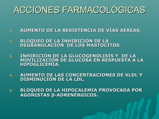 ACCIONES FARMACOLÓGICAS

1.    AUMENTO DE LA RESISTENCIA DE VÍAS AÉREAS.

2.    BLOQUEO DE LA INHIBICIÓN DE LA
      DEGRANULACIÓN DE LOS MASTOCITOS.

3.    INHIBICIÓN DE LA GLUCOGENOLISIS Y DE LA
      MOVILIZACIÓN DE GLUCOSA EN RESPUESTA A LA
      HIPOGLICEMIA.

4.    AUMENTO DE LAS CONCENTRACIONES DE VLDL Y
      DISMINUCIÓN DE LA LDL.

5.    BLOQUEO DE LA HIPOCALEMIA PROVOCADA POR
      AGONISTAS β-ADRENÉRGICOS.
 