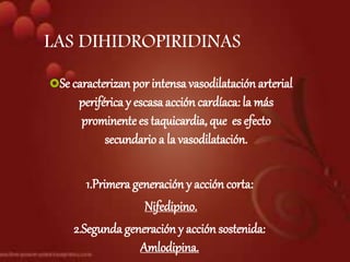 NIFEDIPINO
(Primera Generación)
INDICACIÓN:
Hipertensión arterial
Angina de esfuerzo
(Angina estable).
 