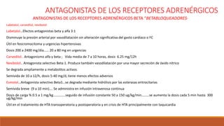 ANTAGONISTAS DE LOS RECEPTORES ADRENÉRGICOS
ANTAGONISTAS DE LOS RECEPTORES ADRENÉRGICOS BETA “BETABLOQUEADORES”
Labetalol, carvedilol, nevibolol
Labetalol…Efectos antagonistas beta y alfa 3:1
Disminuye la presión arterial por vasodilatación sin alteración significativa del gasto cardíaco o FC
Útil en feocromocitoma y urgencias hipertensivas
Dosis 200 a 2400 mg/día…… 20 a 80 mg en urgencias
Carvedilol.. Antagonismo alfa y beta ; Vida media de 7 a 10 horas, dosis 6.25 mg/12h
Nevibolol.. Antagonista selectivo Beta 1. Produce también vasodilatación por una mayor secreción de óxido nítrico
Se degrada ampliamente a metabolitos activos
Semivida de 10 a 12/h, dosis 5-40 mg/d, tiene menos efectos adversos
Esmolol…Antagonista selectivo Beta1…se degrada mediante hidrólisis por las esterasas eritrocitarias
Semivida breve (9 a 10 min)…. Se administra en infusión intravenosa continua
Dosis de carga % 0.5 a 1 mg/kg…………..seguido de infusión constante 50 a 150 ug/kg/min………se aumenta la dosis cada 5 min hasta 300
ug/kg/min
Útil en el tratamiento de HTA transoperatoria y postoperatoria y en crisis de HTA principalmente con taquicardia
 