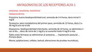 ANTAGONISTAS DE LOS RECEPTORES ALFA 1
PRAZOSINA, TERAZOSINA, DOXAZOSINA
FARMACOCINÉTICA
Prazosina: buena biodisponibilidad oral, semivida de 3-4 horas, dosis inicial 3
mg/d
Terazosina: poco metabolismo del primer paso, semivida de 12 horas, dosis 5 a
20 mg/d una vez al día
Doxazosina: biodisponibilidad intermedia, semivida de 22 horas, se administra 1
vez al día … dosis de inicio de 1 mg/d y se aumenta hasta 4 mg/d o más
Todos estos fármacos se administran al acostarse…… hipotensión postural….
Primera dosis
Mareo, palpitaciones, cefalea, laxitud, alteraciones de pruebas reumáticas,
 