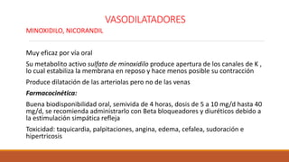 VASODILATADORES
MINOXIDILO, NICORANDIL
Muy eficaz por vía oral
Su metabolito activo sulfato de minoxidilo produce apertura de los canales de K ,
lo cual estabiliza la membrana en reposo y hace menos posible su contracción
Produce dilatación de las arteriolas pero no de las venas
Farmacocinética:
Buena biodisponibilidad oral, semivida de 4 horas, dosis de 5 a 10 mg/d hasta 40
mg/d, se recomienda administrarlo con Beta bloqueadores y diuréticos debido a
la estimulación simpática refleja
Toxicidad: taquicardia, palpitaciones, angina, edema, cefalea, sudoración e
hipertricosis
 