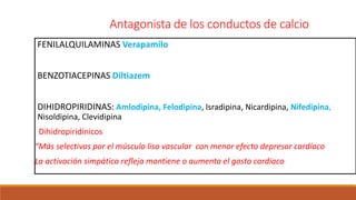 Antagonista de los conductos de calcio
FENILALQUILAMINAS Verapamilo
BENZOTIACEPINAS Diltiazem
DIHIDROPIRIDINAS: Amlodipina, Felodipina, Isradipina, Nicardipina, Nifedipina,
Nisoldipina, Clevidipina
Dihidropiridínicos
“Más selectivos por el músculo liso vascular con menor efecto depresor cardíaco
La activación simpática refleja mantiene o aumenta el gasto cardíaco
 