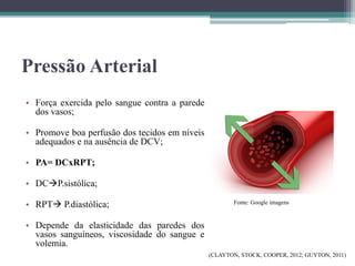 Pressão Arterial
• Força exercida pelo sangue contra a parede
dos vasos;
• Promove boa perfusão dos tecidos em níveis
adequados e na ausência de DCV;
• PA= DCxRPT;
• DCP.sistólica;
• RPT P.diastólica;
• Depende da elasticidade das paredes dos
vasos sanguíneos, viscosidade do sangue e
volemia.
(CLAYTON, STOCK, COOPER, 2012; GUYTON, 2011)
Fonte: Google imagens
 