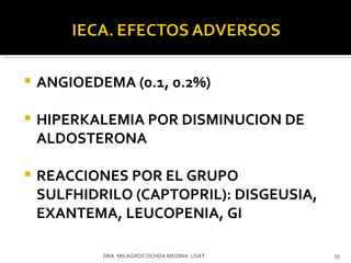 ANGIOEDEMA (0.1, 0.2%) HIPERKALEMIA POR DISMINUCION DE ALDOSTERONA REACCIONES POR EL GRUPO SULFHIDRILO (CAPTOPRIL): DISGEUSIA, EXANTEMA, LEUCOPENIA, GI DRA. MILAGROS OCHOA MEDINA. USAT 