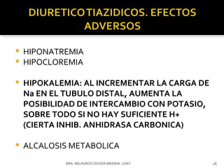 HIPONATREMIA HIPOCLOREMIA HIPOKALEMIA: AL INCREMENTAR LA CARGA DE Na EN EL TUBULO DISTAL, AUMENTA LA POSIBILIDAD DE INTERCAMBIO CON POTASIO, SOBRE TODO SI NO HAY SUFICIENTE H+ (CIERTA INHIB. ANHIDRASA CARBONICA) ALCALOSIS METABOLICA DRA. MILAGROS OCHOA MEDINA. USAT 