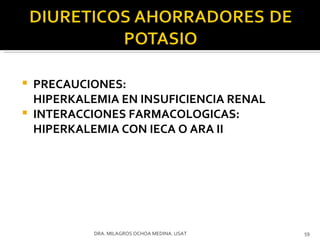 PRECAUCIONES:  HIPERKALEMIA EN INSUFICIENCIA RENAL INTERACCIONES FARMACOLOGICAS: HIPERKALEMIA CON IECA O ARA II  DRA. MILAGROS OCHOA MEDINA. USAT 