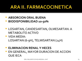 ABSORCION ORAL BUENA BIODISPONIBILIDAD 10-50% LOSARTAN, CANDESARTAN, OLMESARTAN: A METABOLITO ACTIVO VIDA MEDIA:  LOSARTAN (6-9H), TELMISARTAN (24H) ELIMINACION RENAL Y HECES EN GENERAL, MAYOR DURACION DE ACCION QUE IECA DRA. MILAGROS OCHOA MEDINA. USAT 