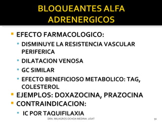 EFECTO FARMACOLOGICO:  DISMINUYE LA RESISTENCIA VASCULAR PERIFERICA DILATACION VENOSA GC SIMILAR EFECTO BENEFICIOSO METABOLICO: TAG, COLESTEROL EJEMPLOS: DOXAZOCINA, PRAZOCINA CONTRAINDICACION: IC POR TAQUIFILAXIA DRA. MILAGROS OCHOA MEDINA. USAT 