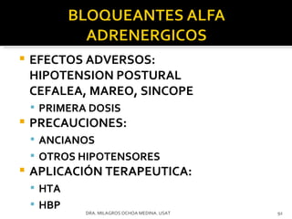 EFECTOS ADVERSOS:  HIPOTENSION POSTURAL CEFALEA, MAREO, SINCOPE PRIMERA DOSIS PRECAUCIONES:  ANCIANOS OTROS HIPOTENSORES APLICACIÓN TERAPEUTICA: HTA HBP DRA. MILAGROS OCHOA MEDINA. USAT 