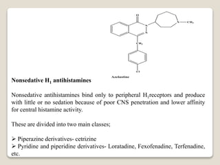 N
N
N CH3
CH2
O
Cl
Azelastine
Nonsedative H1 antihistamines
Nonsedative antihistamines bind only to peripheral H1receptors and produce
with little or no sedation because of poor CNS penetration and lower affinity
for central histamine activity.
These are divided into two main classes;
 Piperazine derivatives- cetrizine
 Pyridine and piperidine derivatives- Loratadine, Fexofenadine, Terfenadine,
etc.
 