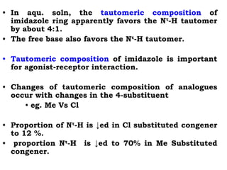 • In aqu. soln, the tautomeric composition of
imidazole ring apparently favors the Nτ-H tautomer
by about 4:1.
• The free base also favors the Nτ-H tautomer.
• Tautomeric composition of imidazole is important
for agonist-receptor interaction.
• Changes of tautomeric composition of analogues
occur with changes in the 4-substituent
• eg. Me Vs Cl
• Proportion of Nτ-H is ↓ed in Cl substituted congener
to 12 %.
• proportion Nτ-H is ↓ed to 70% in Me Substituted
congener.
 