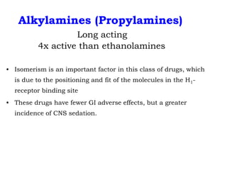 Alkylamines (Propylamines)
Long acting
4x active than ethanolamines
• Isomerism is an important factor in this class of drugs, which
is due to the positioning and fit of the molecules in the H1-
receptor binding site
• These drugs have fewer GI adverse effects, but a greater
incidence of CNS sedation.
 