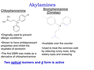 Akylamines
Chlorpheniramine
Brompheniramine
(Dimetap)
•Originally used to prevent
allergic conditions
•Shown to have antidepressant
properties and inhibit the
reuptake of serotonin
•The first SSRI was made as a
derivative of chlorpheniramine
•Available over the counter
•Used to treat the common cold
by relieving runny nose, itchy,
watery eyes and sneezing
*
*
Two optical isomers and d form is active
 