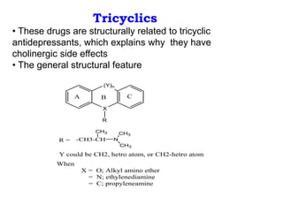 X
(Y)n
R
A B C
X = O; Alkyl amino ether
= N; ethylenediamine
= C; propyleneamine
Y could be CH2, hetro atom, or CH2-hetro atom
When
Tricyclics
• These drugs are structurally related to tricyclic
antidepressants, which explains why they have
cholinergic side effects
• The general structural feature
R = -CH3-CH
CH3
N
CH3
CH3
 