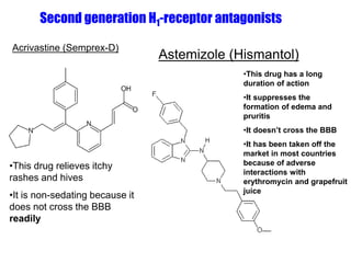 Second generation H1-receptor antagonists
Acrivastine (Semprex-D)
Astemizole (Hismantol)
•This drug has a long
duration of action
•It suppresses the
formation of edema and
pruritis
•It doesn’t cross the BBB
•It has been taken off the
market in most countries
because of adverse
interactions with
erythromycin and grapefruit
juice
•This drug relieves itchy
rashes and hives
•It is non-sedating because it
does not cross the BBB
readily
 