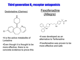 Third generation H1-receptor antagonists
Deslortadine (Clarinex) Fexofenadine
(Allegra)
•It is the active metabolite of
Lortadine
•Even though it is thought to be
more effective, there is no
concrete evidence to prove this
•It was developed as an
alternative to Terfenadine
•Fexofenadine was proven to be
more effective and safe
 