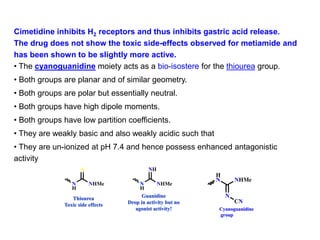 N
H
NHMe
S
Thiourea
Toxic side effects
N
H
NHMe
NH
Guanidine
Drop in activity but no
agonist activity!
H
N NHMe
N
CN
Cyanoguanidine
group
Cimetidine inhibits H2 receptors and thus inhibits gastric acid release.
The drug does not show the toxic side-effects observed for metiamide and
has been shown to be slightly more active.
• The cyanoguanidine moiety acts as a bio-isostere for the thiourea group.
• Both groups are planar and of similar geometry.
• Both groups are polar but essentially neutral.
• Both groups have high dipole moments.
• Both groups have low partition coefficients.
• They are weakly basic and also weakly acidic such that
• They are un-ionized at pH 7.4 and hence possess enhanced antagonistic
activity
 