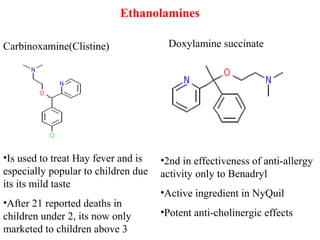 Ethanolamines
Carbinoxamine(Clistine) Doxylamine succinate
•2nd in effectiveness of anti-allergy
activity only to Benadryl
•Active ingredient in NyQuil
•Potent anti-cholinergic effects
•Is used to treat Hay fever and is
especially popular to children due
its its mild taste
•After 21 reported deaths in
children under 2, its now only
marketed to children above 3
 