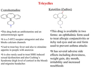 Tricyclics
Cyproheptadine Ketotifen (Zaditor)
•This drug both an antihistamine and an
antiserotonergic agent
•It is a 5-HT2 receptor antagonist and also
blocks calcium channels
•Used to treat hay fever and also to stimulate
appetite in people with anorexia
•It is also rarely used to treat SSRI induced
sexual dysfunction and also Cushing’s
Syndrome (high level of cortisol in the blood)
and migraine headaches
•This drug is available in two
forms: an ophthalmic form used
to treat allergic conjunctivitis or
itchy red eyes and an oral form
used to prevent asthma attacks
•It has several adverse side
effects including drowsiness,
weight gain, dry mouth,
irritability and increased
nosebleeds
 