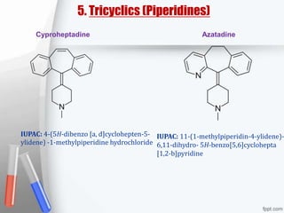 5. Tricyclics (Piperidines)
Cyproheptadine Azatadine
IUPAC: 4-(5H-dibenzo [a, d]cyclohepten-5-
ylidene) -1-methylpiperidine hydrochloride
IUPAC: 11-(1-methylpiperidin-4-ylidene)-
6,11-dihydro- 5H-benzo[5,6]cyclohepta
[1,2-b]pyridine
 