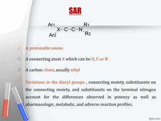 Ar1
Ar2
SAR
X C C N
R1
R2
A protonable amine
A connecting atom X which can be O, C or N
A carbon chain, usually ethyl
Variations in the diaryl groups , connecting moiety, substituents on
the connecting moiety, and substituents on the terminal nitrogen
account for the differences observed in potency as well as
pharmacologic, metabolic, and adverse reaction profiles.
 