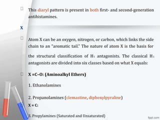 X
This diaryl pattern is present in both first- and second-generation
antihistamines.
Atom X can be an oxygen, nitrogen, or carbon, which links the side
chain to an “aromatic tail.” The nature of atom X is the basis for
the structural classification of H1 antagonists. The classical H
antagonists are divided into six classes based on what X equals:
1
X =C–O: (Aminoalkyl Ethers)
1. Ethanolamines
2. Propanolamines (clemastine, diphenylpyraline)
X = C:
3. Propylamines (Saturated and Unsaturated)
 