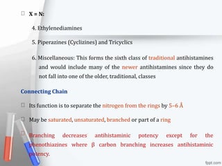 X = N:
4. Ethylenediamines
5. Piperazines (Cyclizines) and Tricyclics
6. Miscellaneous: This forms the sixth class of traditional antihistamines
and would include many of the newer antihistamines since they do
not fall into one of the older, traditional, classes
Connecting Chain
Its function is to separate the nitrogen from the rings by 5–6 Å
May be saturated, unsaturated, branched or part of a ring
Branching decreases antihistaminic potency except for the
phenothiazines where β carbon branching increases antihistaminic
potency.
 