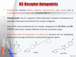 H3-Receptor Antagonists
Potential for treating asthma, migraine, hypertension, septic shock, and in
learning and memory degenerative disorders like AD
Thioperamide and its congeners (4(5)-substituted imidazole derivatives) are
examples of the potent and selective H3 receptor antagonist
Some of the more prominent new H3 receptor antagonists are GT-2016, and GR-
175737, which show receptor affinities in the low nanomolar range.
None of this class of compounds is in clinical use; however, few are undergoing
further pharmacologic evaluation as potential therapeutic agents.
Cl
S O
N NH N O
N
N
HN N
Thioperamide
HN N
GT-2016
HN N
GR-175737
 
