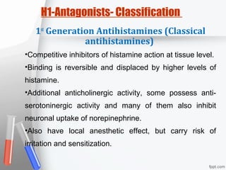 H1-Antagonists- Classification
1st
Generation Antihistamines (Classical
antihistamines)
•Competitive inhibitors of histamine action at tissue level.
•Binding is reversible and displaced by higher levels of
histamine.
•Additional anticholinergic activity, some possess anti-
serotoninergic activity and many of them also inhibit
neuronal uptake of norepinephrine.
•Also have local anesthetic effect, but carry risk of
irritation and sensitization.
 
