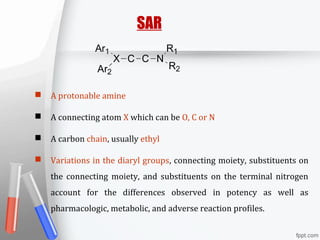 C C N
R1
R2
X
Ar1
Ar2
 A protonable amine
 A connecting atom X which can be O, C or N
 A carbon chain, usually ethyl
 Variations in the diaryl groups, connecting moiety, substituents on
the connecting moiety, and substituents on the terminal nitrogen
account for the differences observed in potency as well as
pharmacologic, metabolic, and adverse reaction profiles.
SAR
 