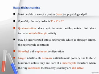 Basic aliphatic amine
 Must be able to accept a proton (basic) at physiological pH
 R1 and R2 : Potency order is 3° > 2° > 1°
 Quaternization does not increase antihistaminic but does
increase anti-cholinergic activity
 May be incorporated into a heterocycle which is although larger,
the heterocycle constrains
 Dimethyl is the optimum configuration
 Larger substituents decrease antihistaminic potency due to steric
hindrance unless they are part of a heterocycle structure when
the ring constrains the two ethyls so they are still active
 