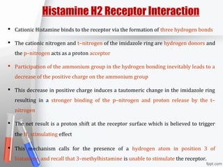  Cationic Histamine binds to the receptor via the formation of three hydrogen bonds
 The cationic nitrogen and t–nitrogen of the imidazole ring are hydrogen donors and
the p–nitrogen acts as a proton acceptor
 Participation of the ammonium group in the hydrogen bonding inevitably leads to a
decrease of the positive charge on the ammonium group
 This decrease in positive charge induces a tautomeric change in the imidazole ring
resulting in a stronger binding of the p–nitrogen and proton release by the t–
nitrogen
 The net result is a proton shift at the receptor surface which is believed to trigger
the H2 stimulating effect
 This mechanism calls for the presence of a hydrogen atom in position 3 of
histamine, and recall that 3–methylhistamine is unable to stimulate the receptor.
Histamine H2 Receptor Interaction
 