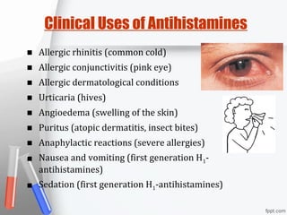 Clinical Uses of Antihistamines
■ Allergic rhinitis (common cold)
■ Allergic conjunctivitis (pink eye)
■ Allergic dermatological conditions
■ Urticaria (hives)
■ Angioedema (swelling of the skin)
■ Puritus (atopic dermatitis, insect bites)
■ Anaphylactic reactions (severe allergies)
■ Nausea and vomiting (first generation H1-
antihistamines)
■ Sedation (first generation H1-antihistamines)
 