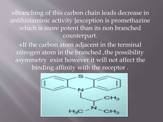 Branching of this carbon chain leads decrease in
antihistaminic activity {exception is promethazine
which is more potent than its non branched
counterpart.
If the carbon atom adjacent in the terminal
nitrogen atom in the branched ,the possibility
asymmetry exist however it will not affect the
binding affinity with the receptor .
 