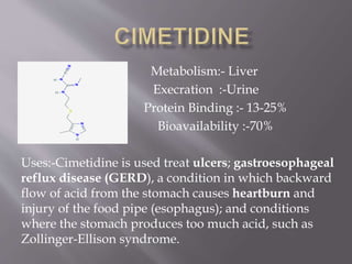 Metabolism:- Liver
Execration :-Urine
Protein Binding :- 13-25%
Bioavailability :-70%
Uses:-Cimetidine is used treat ulcers; gastroesophageal
reflux disease (GERD), a condition in which backward
flow of acid from the stomach causes heartburn and
injury of the food pipe (esophagus); and conditions
where the stomach produces too much acid, such as
Zollinger-Ellison syndrome.
 