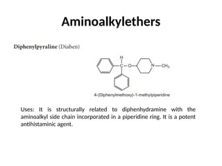 Aminoalkylethers
Uses: It is structurally related to diphenhydramine with the
aminoalkyl side chain incorporated in a piperidine ring. It is a potent
antihistaminic agent.
 