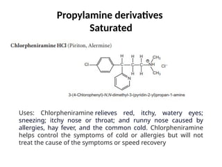 Propylamine derivatives
Saturated
Uses: Chlorpheniramine relieves red, itchy, watery eyes;
sneezing; itchy nose or throat; and runny nose caused by
allergies, hay fever, and the common cold. Chlorpheniramine
helps control the symptoms of cold or allergies but will not
treat the cause of the symptoms or speed recovery
 