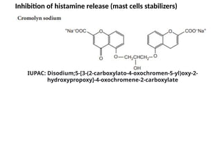 IUPAC: Disodium;5-[3-(2-carboxylato-4-oxochromen-5-yl)oxy-2-
hydroxypropoxy]-4-oxochromene-2-carboxylate
Inhibition of histamine release (mast cells stabilizers)
 