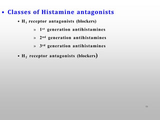11
• Classes of Histamine antagonists
• H1 receptor antagonists (blockers)
» 1st generation antihistamines
» 2nd generation antihistamines
» 3rd generation antihistamines
• H2 receptor antagonists (blockers)
 