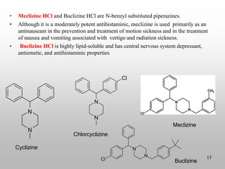 • Meclizine HCl and Buclizine HCl are N-benzyl substituted piperazines.
• Although it is a moderately potent antihistaminic, meclizine is used primarily as an
antinauseant in the prevention and treatment of motion sickness and in the treatment
of nausea and vomiting associated with vertigo and radiation sickness.
• Buclizine HCl is highly lipid-soluble and has central nervous system depressant,
antiemetic, and antihistaminic properties
17
Buclizine
Meclizine
Cyclizine
Chlorcyclizine
 