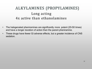 ALKYLAMINES (PROPYLAMINES)
21
Long acting
4x active than ethanolamines
• The halogenated pheniramines are significantly more potent (20-50 times)
and have a longer duration of action than the parent pheniramine.
• These drugs have fewer GI adverse effects, but a greater incidence of CNS
sedation.
 