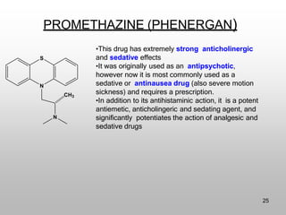 PROMETHAZINE (PHENERGAN)
•This drug has extremely strong anticholinergic
and sedative effects
•It was originally used as an antipsychotic,
however now it is most commonly used as a
sedative or antinausea drug (also severe motion
sickness) and requires a prescription.
•In addition to its antihistaminic action, it is a potent
antiemetic, anticholingeric and sedating agent, and
significantly potentiates the action of analgesic and
sedative drugs
N
S
N
CH3
25
 