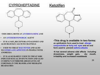 CYPROHEPTADINE
•THIS DRUG BOTH AN ANTIHISTAMINE AND
• AN ANTISEROTONERGIC AGENT
• IT IS A 5-HT2 RECEPTOR ANTAGONISTAND
ALSO BLOCKS CALCIUM CHANNELS
• USED TO TREAT HAY FEVER AND ALSO
TO STIMULATE APPETITE IN PEOPLE WITH
ANOREXIA
• IT IS ALSO RARELY USED TO TREAT SSRI
INDUCED SEXUAL DYSFUNCTION AND ALSO
CUSHING’S SYNDROME (HIGH LEVEL OF
CORTISOL IN THE BLOOD) AND MIGRAINE
HEADACHES
Ketotifen
N
O
S
N
•This drug is available in two forms:
an ophthalmic form used to treat allergic
conjunctivitis or itchy red eyes and an oral
form used to prevent asthma attacks
•It has several adverse side effects including
drowsiness, weight gain, dry mouth,
irritability and increased nosebleeds
26
 